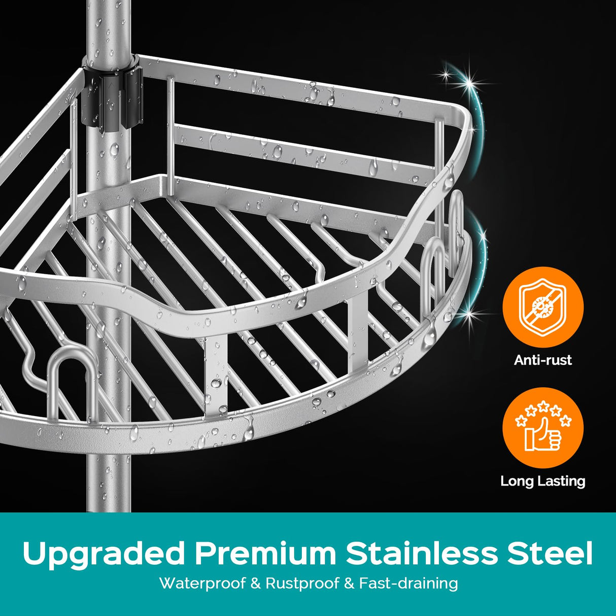 HAMITOR Corner Shower Caddy Tension Pole: Rustproof 4-Tier Bathroom Organizer Shelves for Bathtub Shampoo Storage - 47-121 Inch Quick Install Adjustable Rod Standing Rack with Soap Rack - Silver Gray HAMITOR