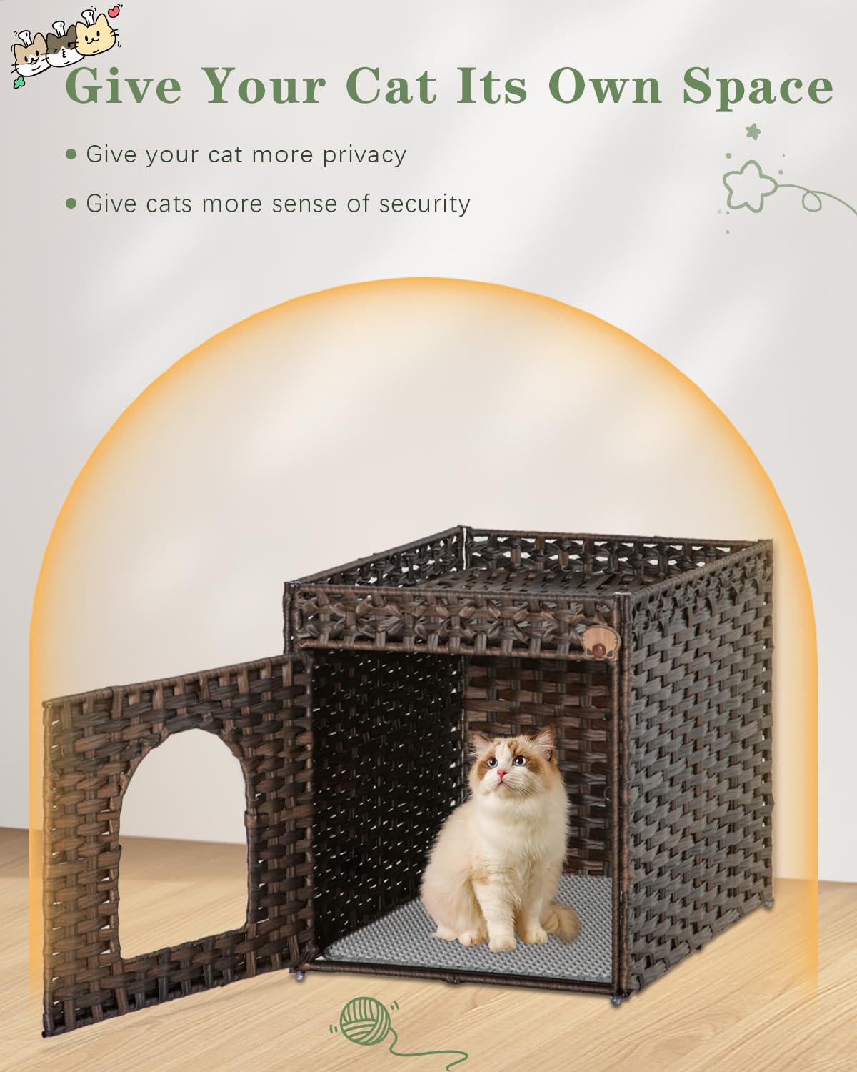 SETVSON Cat Litter Box Enclosure Cat Litter Box Furniture Hidden with Cat Litter Mat, Cat Litter Box Furniture with Two S-Shaped Hooks, Handwoven Rattan Cat House for Living Room, Bedroom, (Brown SETVSON