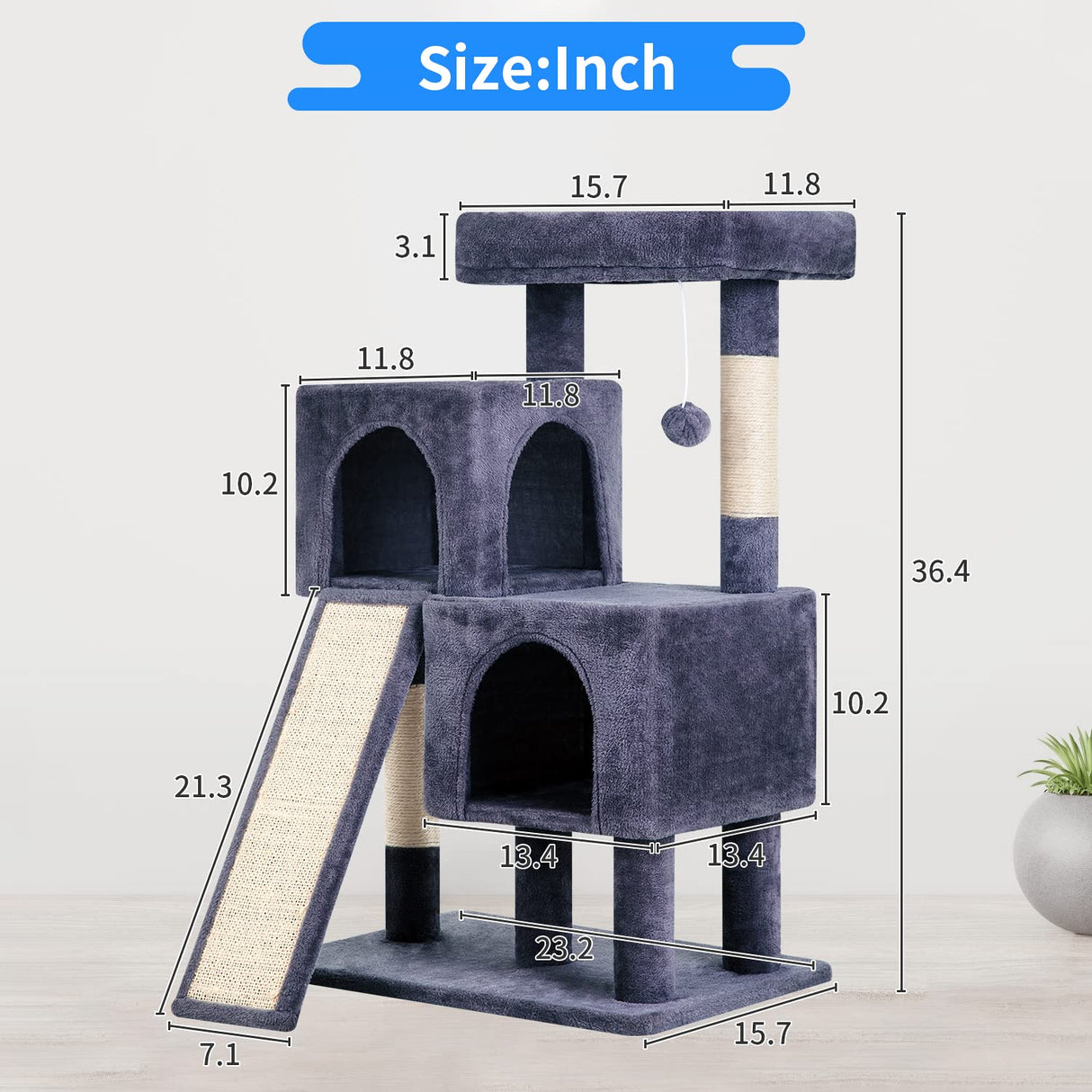 BestPet 36 inches Cat Tree for Indoor Cats Cat Tower with Scratching Posts Multi-Level Cat Furniture Condo with Ramp, Perch Spacious Cat Cave & Funny Toys for Kittens House,Dark Grey BestPet