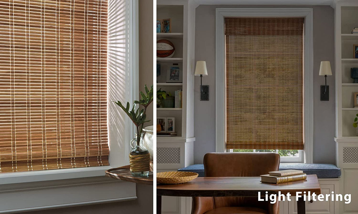 LazBlinds Cordless Custom Light Filtering Bamboo Roman Shades - Brown, No Tools or Drilling Required