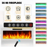 LEMBERI Floating Fireplace TV Stand 70'' Wall Mounted Shelf, LED Light Entertainment Center and Storage, Modern Wood Media TV Console with Highlight (White with White Fireplace) LEMBERI