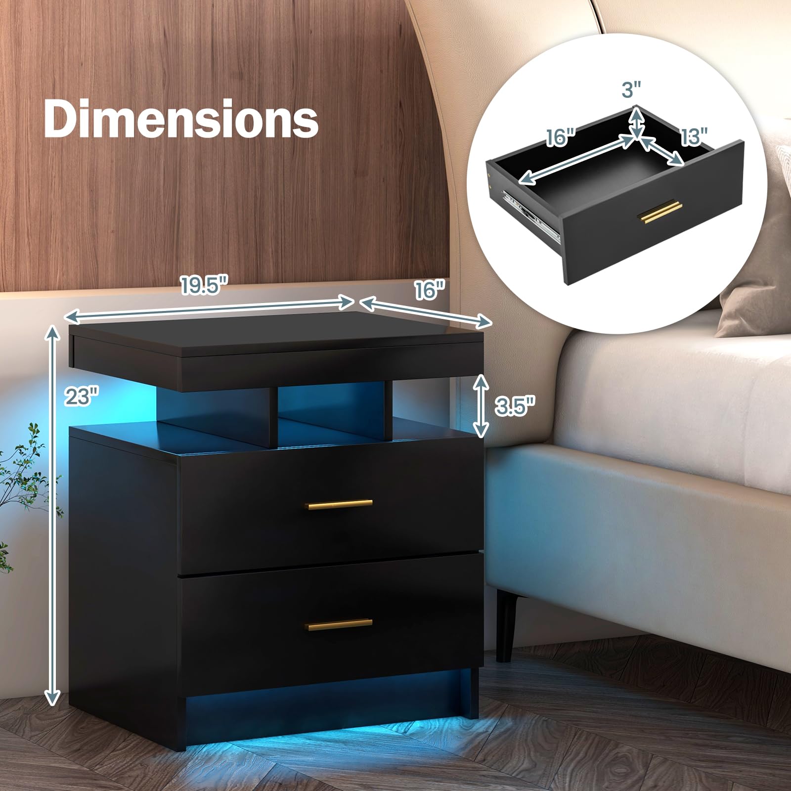 Giantex LED Nightstand, Modern Black Bedside Tables with 2 Storage Drawers, High Gloss End Side Table with Adjustable Light Mode, Smart Night Stand for Bedroom - WoodArtSupply