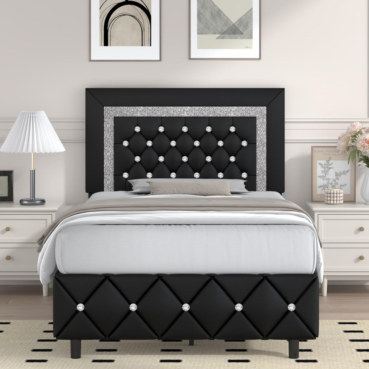 Twin Bed Frame, Faux Leather Platform Bed with Upholstered Diamond Headboard, Mattress Foundation with Strong Wooden Slats Support, No Box Spring Required, Easy Assembly, Black BarnFurin