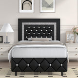 Twin Bed Frame, Faux Leather Platform Bed with Upholstered Diamond Headboard, Mattress Foundation with Strong Wooden Slats Support, No Box Spring Required, Easy Assembly, Black BarnFurin