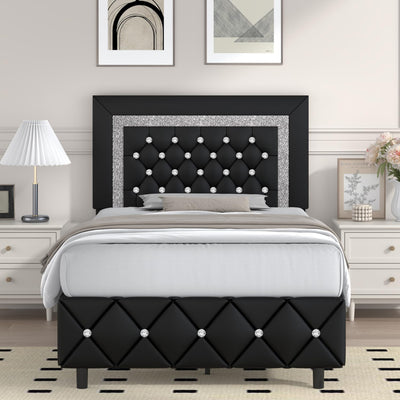 Twin Bed Frame, Faux Leather Platform Bed with Upholstered Diamond Headboard, Mattress Foundation with Strong Wooden Slats Support, No Box Spring Required, Easy Assembly, Black