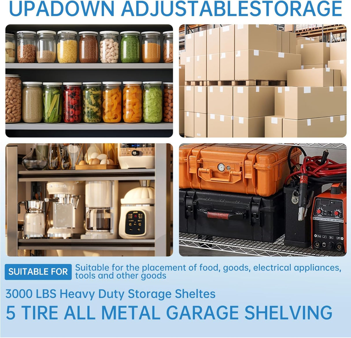 KOKEBREN 2500 Lbs Capacity Heavy Duty Garage Shelving, 48x18x72 Inch 5-Tier Metal Wire Shelves, Adjustable Industrial Storage Rack for Garage, Basement, Warehouse Organization KOKEBREN