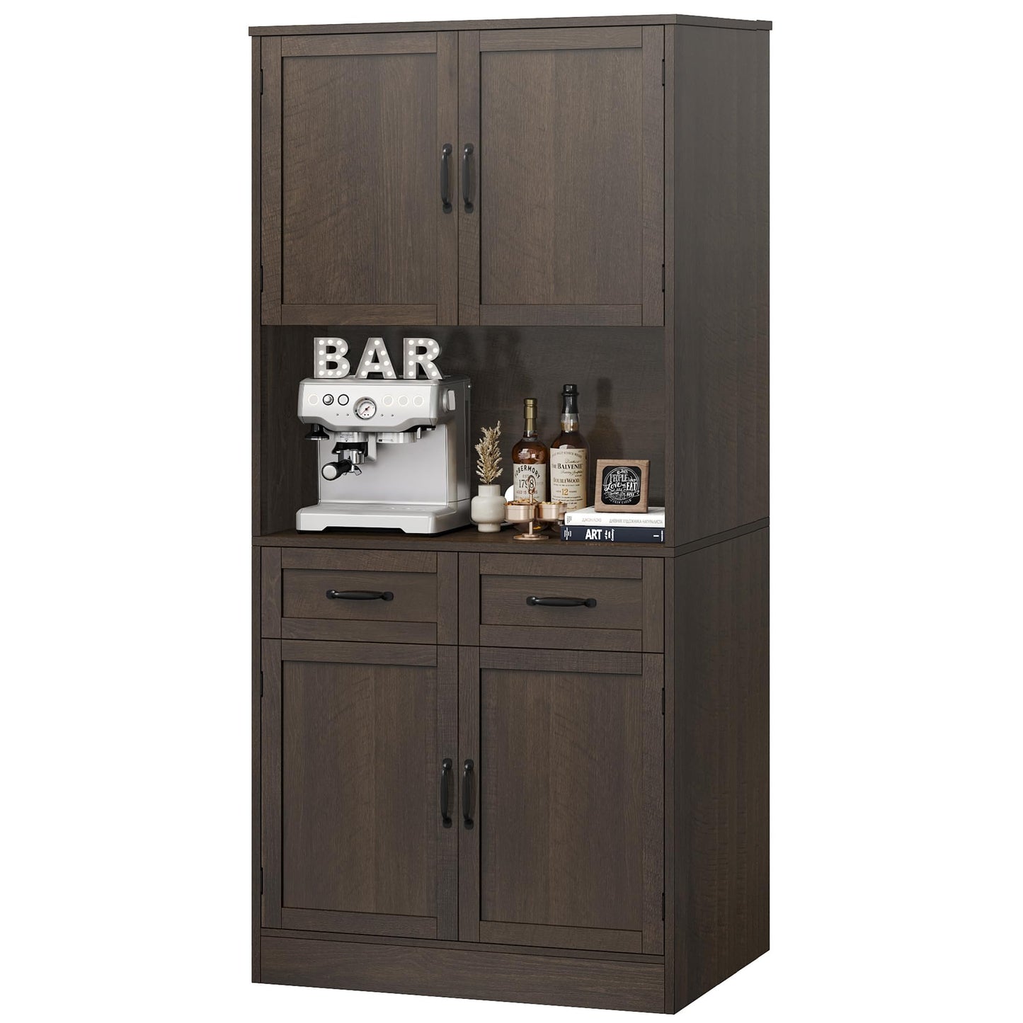 HOSTACK 71“ Tall Kitchen Pantry Storage Cabinet, Modern Kitchen Hutch Bar Cabinet with Microwave Stand, Wood Buffet Sideboard with Hutch, Cupboard with Drawers, Shelves for Dining Room, Dark  - WoodArtSupply