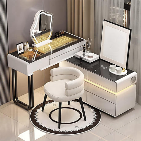 BLOVARI Luxury Makeup Vanity Table with Drawers, Wireless Charging Station & Speaker, Solid Wood Vanity Desk with LED Smart Makeup Mirror for Bedroom 48" BLOVARI