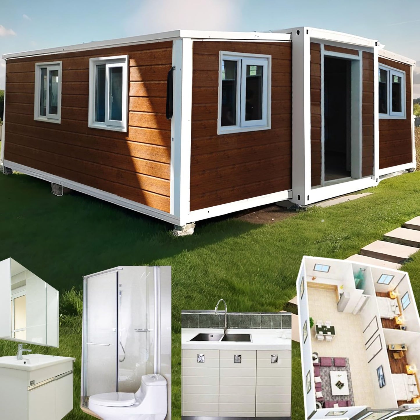 2 Bedroom 20FT Tiny Houses to Live in for Adults Mini Foldable Expandable Container Prefab Home kit Mobile Modular casas prefabricadas para vivir Mini Live Houses for sale,with Toilet Kitchen Bathroom