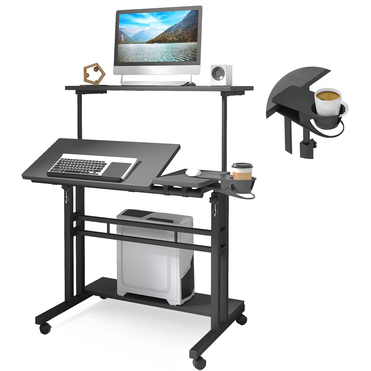 Panta Mobile Standing Desk, Adjustable Rolling Computer Desk with 3 Desktops, Portable Laptop Table with Desk Cup Holder, Home Office Laptop Workstation on Lockable Wheels, Black Panta