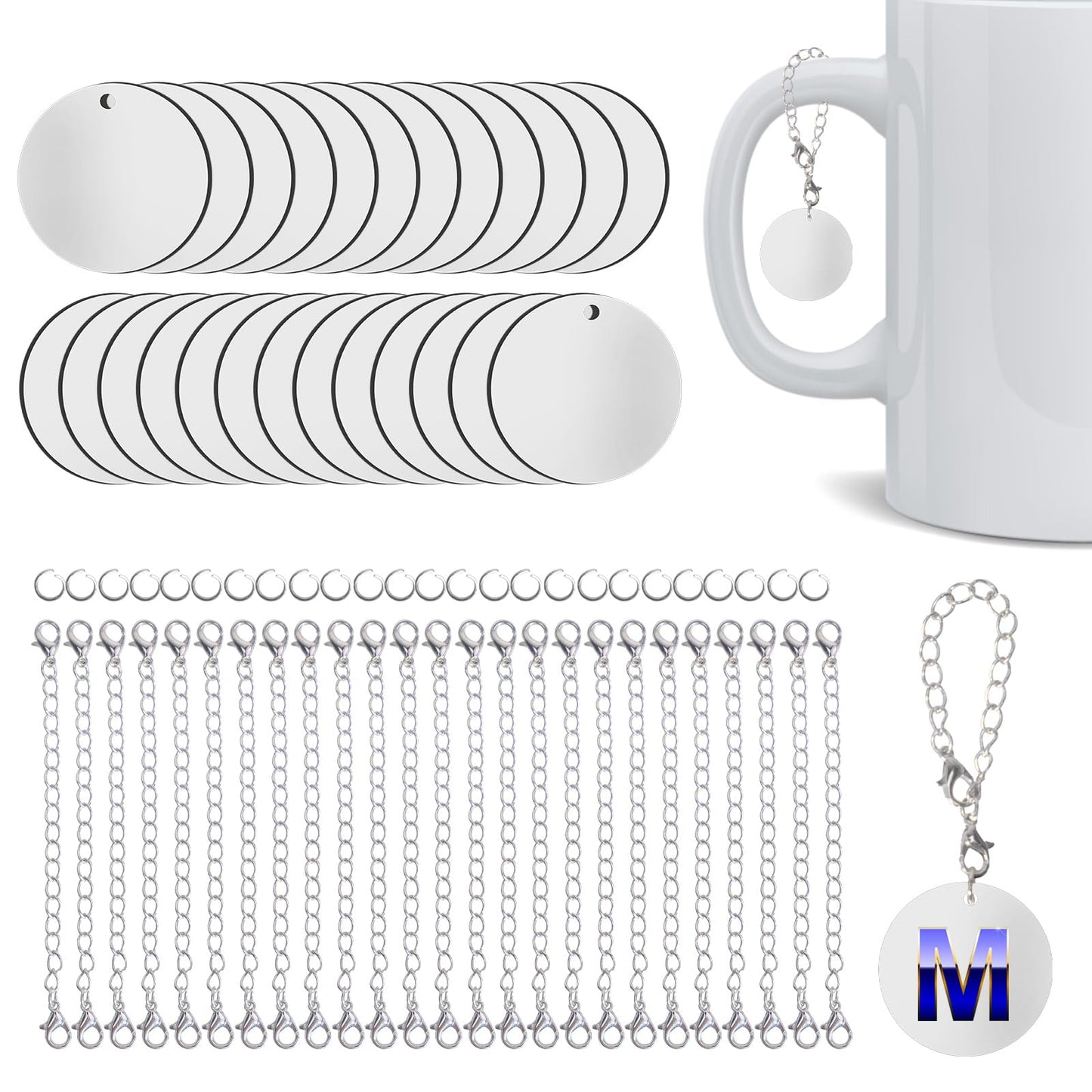 25 Sets Sublimation Charm Accessories for Cup Name ID Cup Charms for Tumbler Bulk MDF Sublimation Blanks with Chains Jump Rings for DIY Crafts Gift