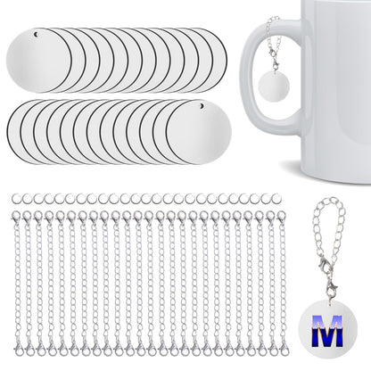 25 Sets Sublimation Charm Accessories for Cup Name ID Cup Charms for Tumbler Bulk MDF Sublimation Blanks with Chains Jump Rings for DIY Crafts Gift