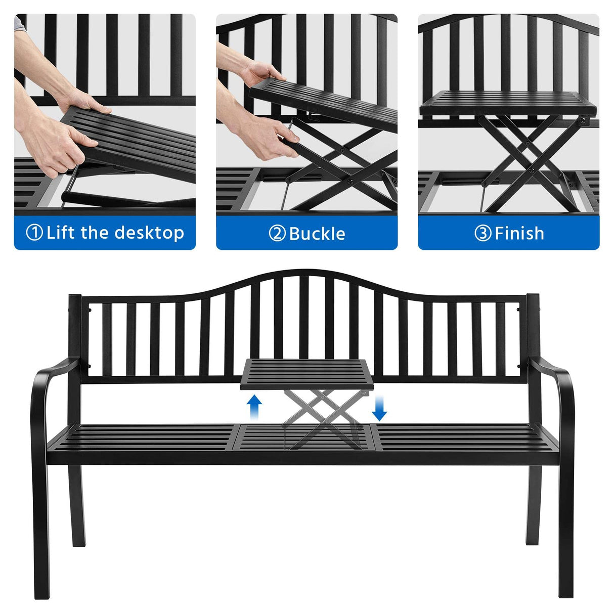 Yaheetech Outdoor Garden Bench w/Pullout Middle Table, Metal Patio Bench, Front Porch for Backyard, Weather-Resistant Frame, Patio Seating for 2-3 Person, Black Yaheetech