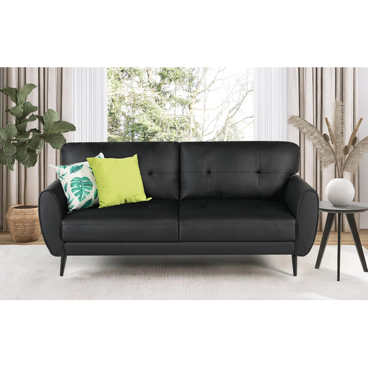 VAMEPOLE Sofa Couch, 60" Loveseat Sofa for Living Room, Mid Century Mini Black Couch, Tufted Leather Love Seat Furniture, Comfy Office Sofa 2 Seat, Small Couches for Small Spaces, Bedroom, Apartment VAMEPOLE