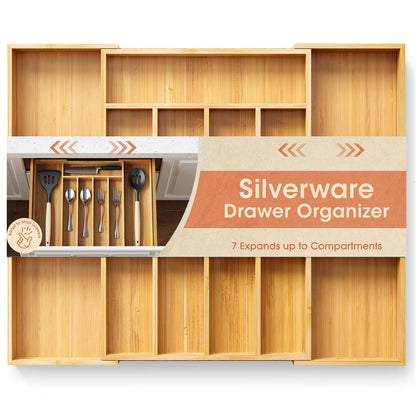 AUJEN Bamboo Silverware Organizer - Expandable Drawer Organizer, Adjustable Utensil Organizer, Kitchen Cutlery Drawer Organizer, Kitchen Organizers and Storage Holder for Flatware, 5-7 Slots, Natural