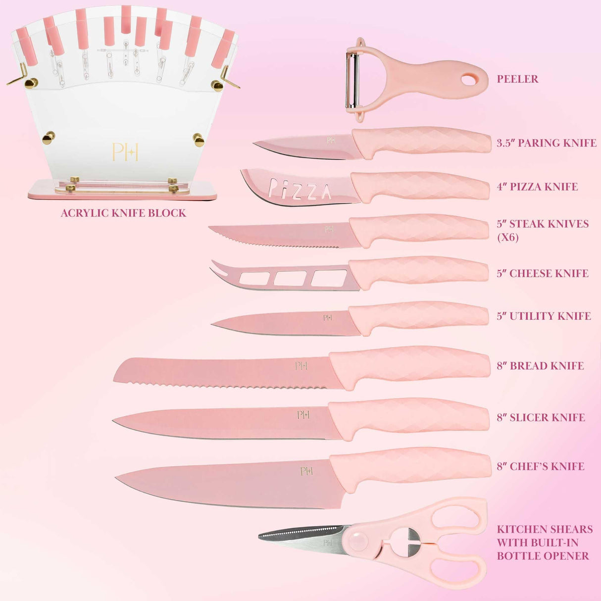 Paris Hilton Knife Block Set with Fan Style Clear Acrylic Knife Block, Premium Stainless Steel Blades with Nonstick Coating, Comfort Grip Handles, 16-Piece Set, Pink and Gold Paris Hilton