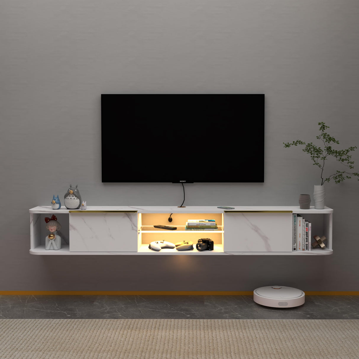 Pmnianhua LED Floating TV Stand with 2 Drawers,63'' Floating TV Shelf with LED Lights,Wall Mounted Media Console,Floating Entertainment Center with Storage for Bedroom Playroom Living Room(White) Pmnianhua