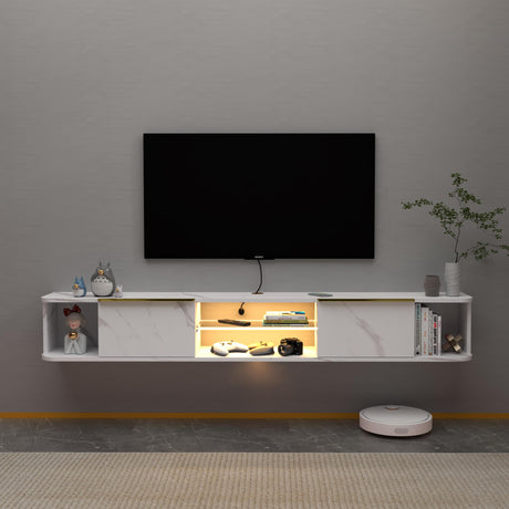 Pmnianhua LED Floating TV Stand with 2 Drawers,63'' Floating TV Shelf with LED Lights,Wall Mounted Media Console,Floating Entertainment Center with Storage for Bedroom Playroom Living Room(White) Pmnianhua