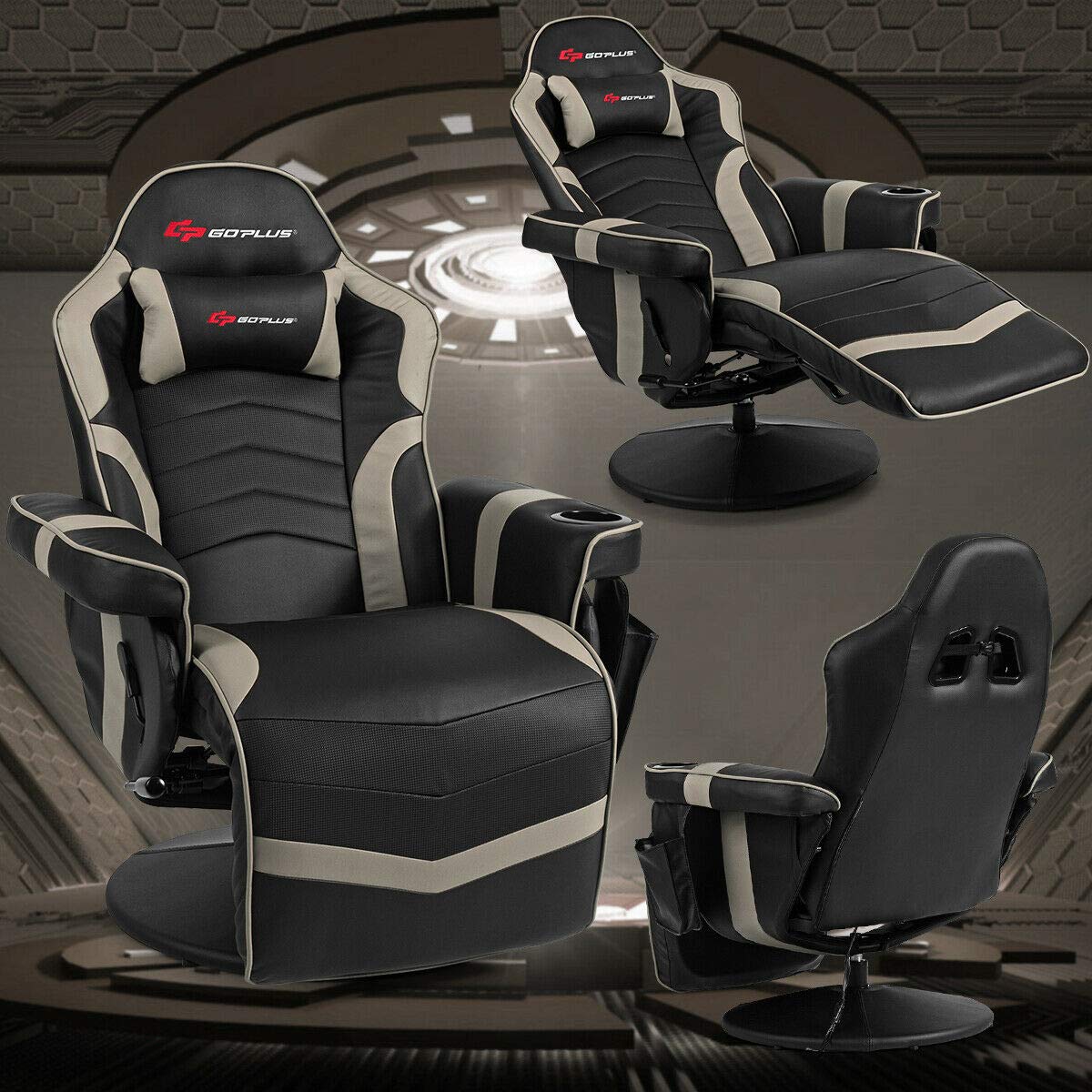 Goplus Massage Gaming Chair, Racing Style Gaming Recliner w/Adjustable Backrest and Footrest, Ergonomic High Back PU Leather Computer Office Chair Swivel Game Chair w/Cup Holder and Side Pouch Goplus