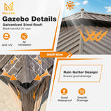 MELLCOM 14'x20' Hardtop Gazebo, Galvanized Steel Metal Double Roof Aluminum Gazebos with Curtain and Netting, Brown Permanent Pavilion Gazebo with Aluminum Frame for Patios, Gardens, Lawn MELLCOM