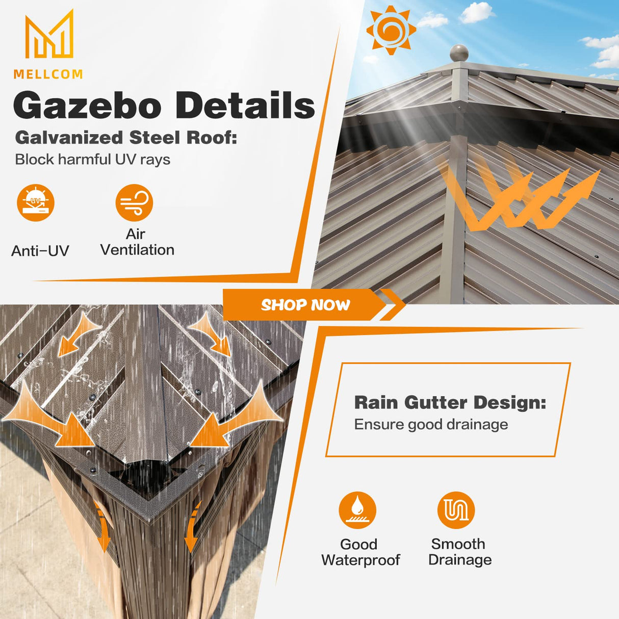 MELLCOM 14' x 20' Hardtop Gazebo,Galvanized Steel Metal Double Roof Aluminum Gazebo with Curtain and Netting,Brown Permanent Pavilion Gazebo with Aluminum Frame for Patios,Gardens,Lawns MELLCOM