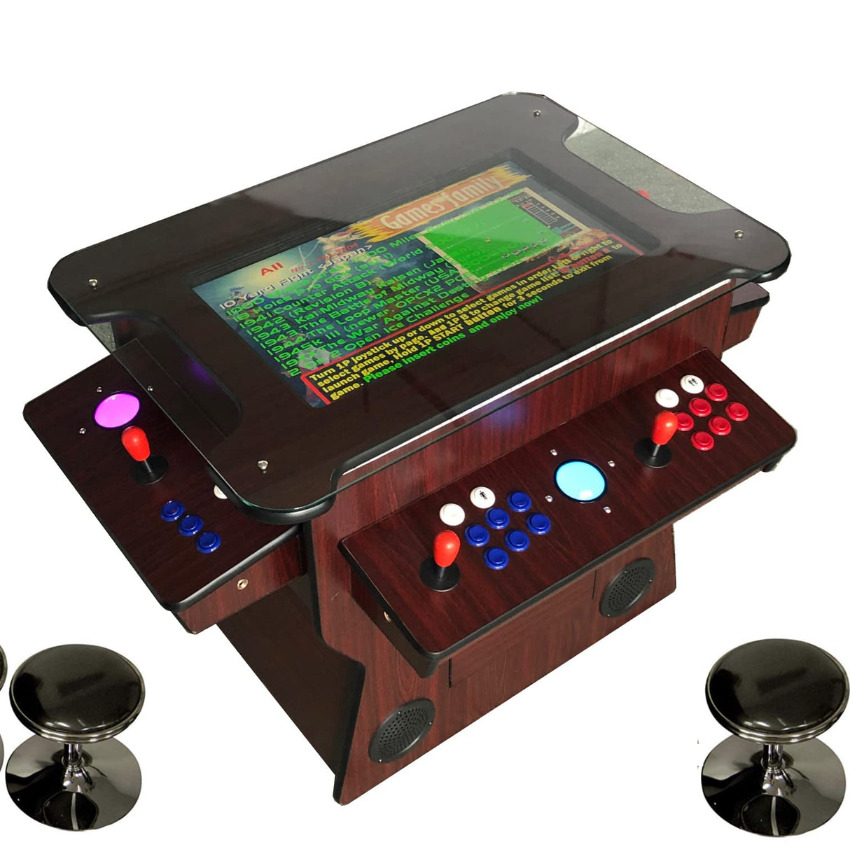 Top Us Video Arcades Full Size Commercial Grade Cocktail Arcade Machine 3515 Games Lift Up / Tilt Screen 26.5 Screen Tempered Glass 2 Stools Included 5 Year Warranty Dark Wood TOP US VIDEO ARCADES