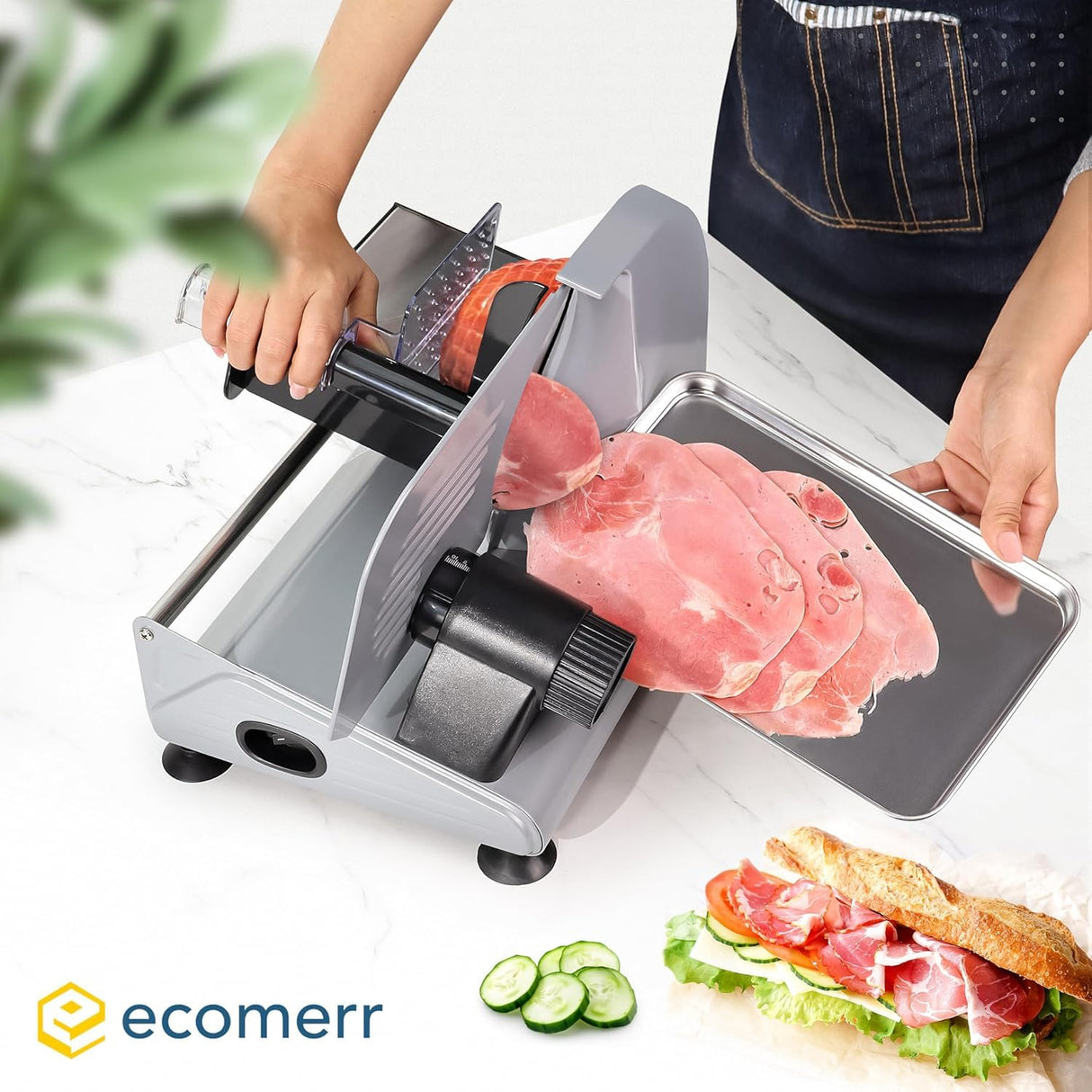Meat Slicer, 200W Powerful Electric Food Slicer-Deli Meat Slicer Machine for Home Use for, Cheese, Bread, Vegetables-2 Round 7.5" Stainless Steel Blade, Child Lock Protection & Adjustable Thickness Ecomerr