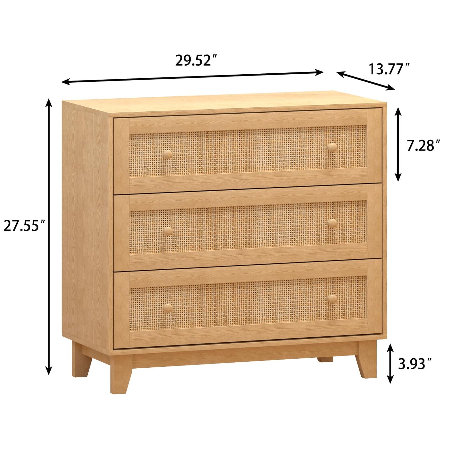 3 Drawer Rattan Dresser for Bedroom, Modern Natural Wooden Dresser, Beside Table for Closet, Boho Nightstand Chests of Drawers for Bedroom, Living Room, Entryway, Hallway