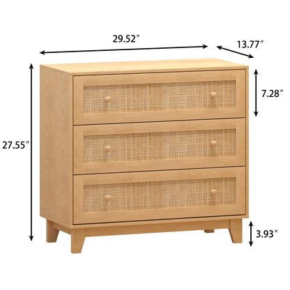 3 Drawer Rattan Dresser for Bedroom, Modern Natural Wooden Dresser, Beside Table for Closet, Boho Nightstand Chests of Drawers for Bedroom, Living Room, Entryway, Hallway