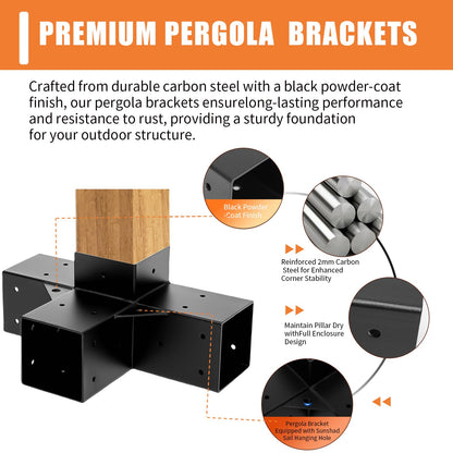 TOPTGO Pergola Brackets 4x4 (Actual: 3.5x3.5 in),2 Pack 4-Way Right Angle Corner Bracket Pergola Kit for Wooden Beams Lumber Gazebos Patio Pergola Sheds