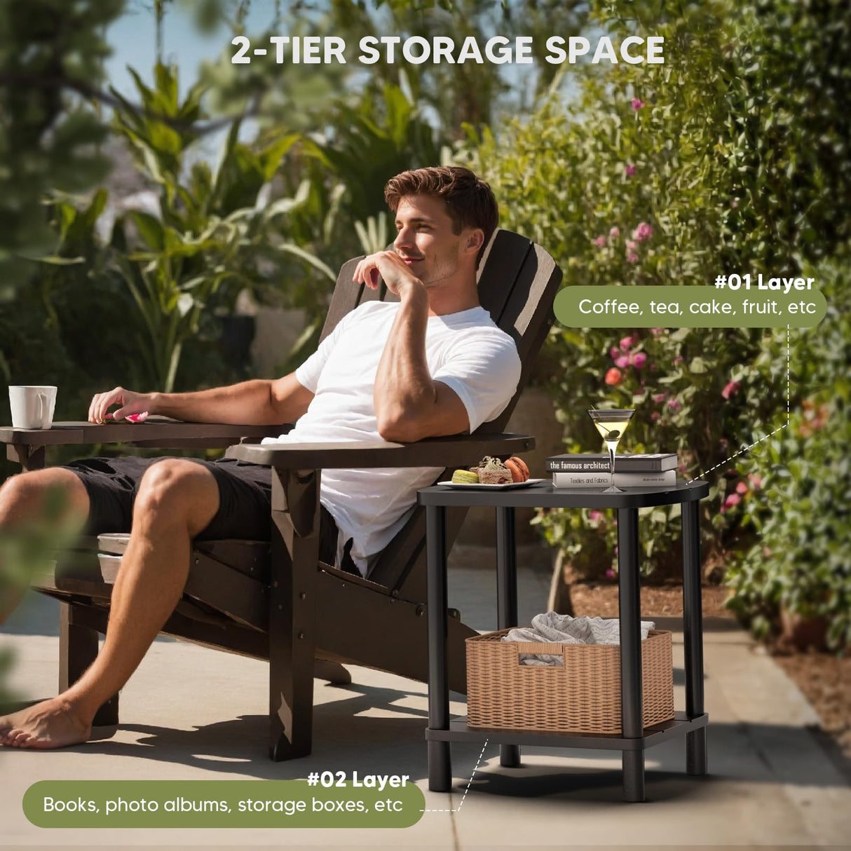 LEJANEOYE Outdoor Coffee Table, 2-Tier Adirondack Outdoor Side Table Weather Resistant, Patio End Table for Pool, Porch, Backyard. LEJANEOYE