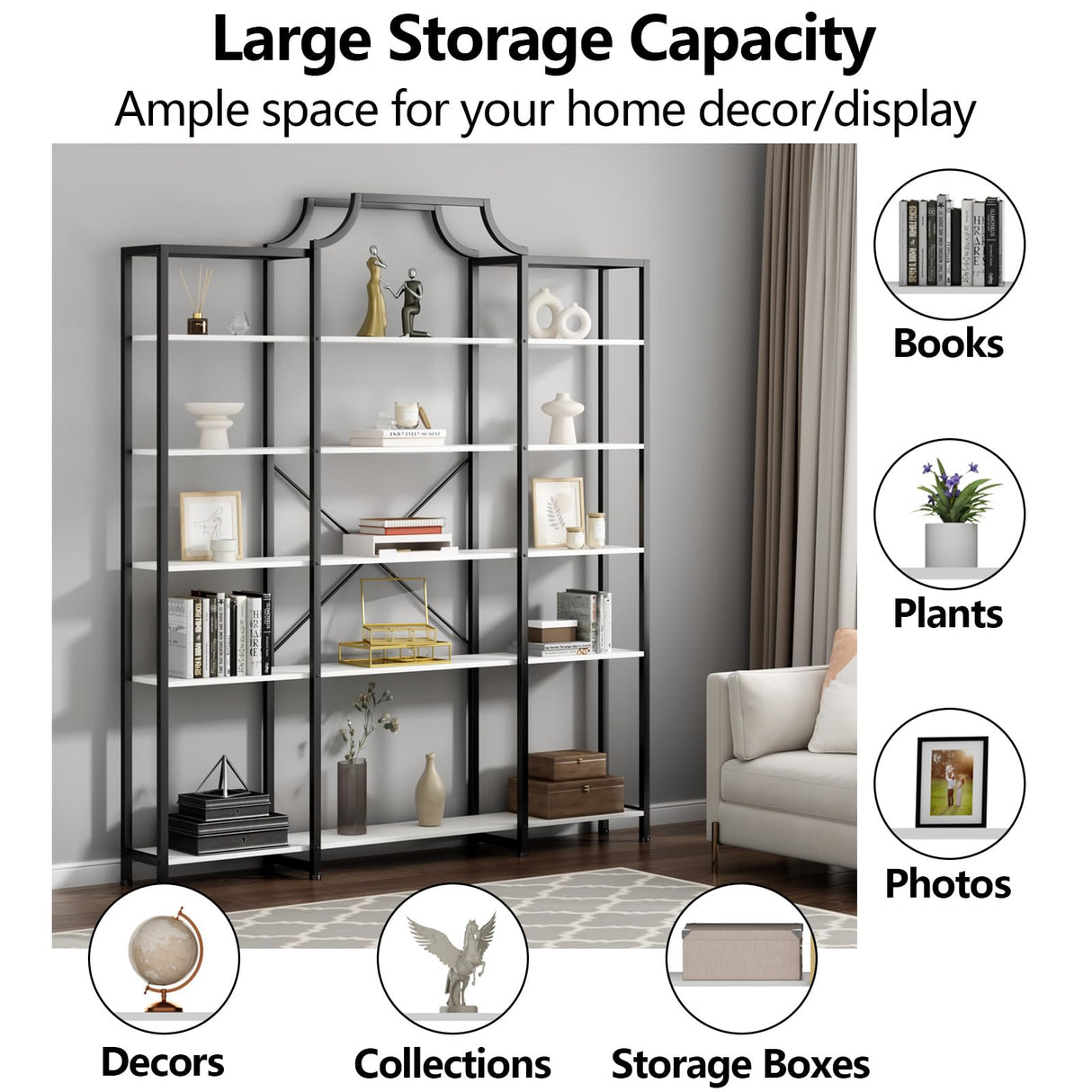 Auromie Triple Wide 5-Tier Bookshelf, 70.87" L x 79.13" H Extra Large Bookcase, Tall Open Etagere Display Shelf with Metal Frame, Freestanding Modern Storage Shelves for Home Office, Black&White Auromie