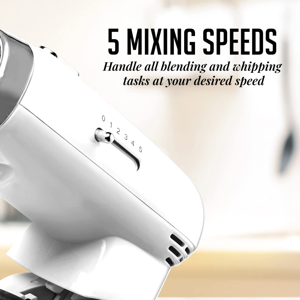 OVENTE Electric Kitchen Stand Mixer with 3.5-Quart Removable Stainless Steel Mixing Bowl, 5 Speed Control, 250-Watt Power, 2 Blender Attachment Egg Beater Whisk & Dough Hook White SM680W OVENTE