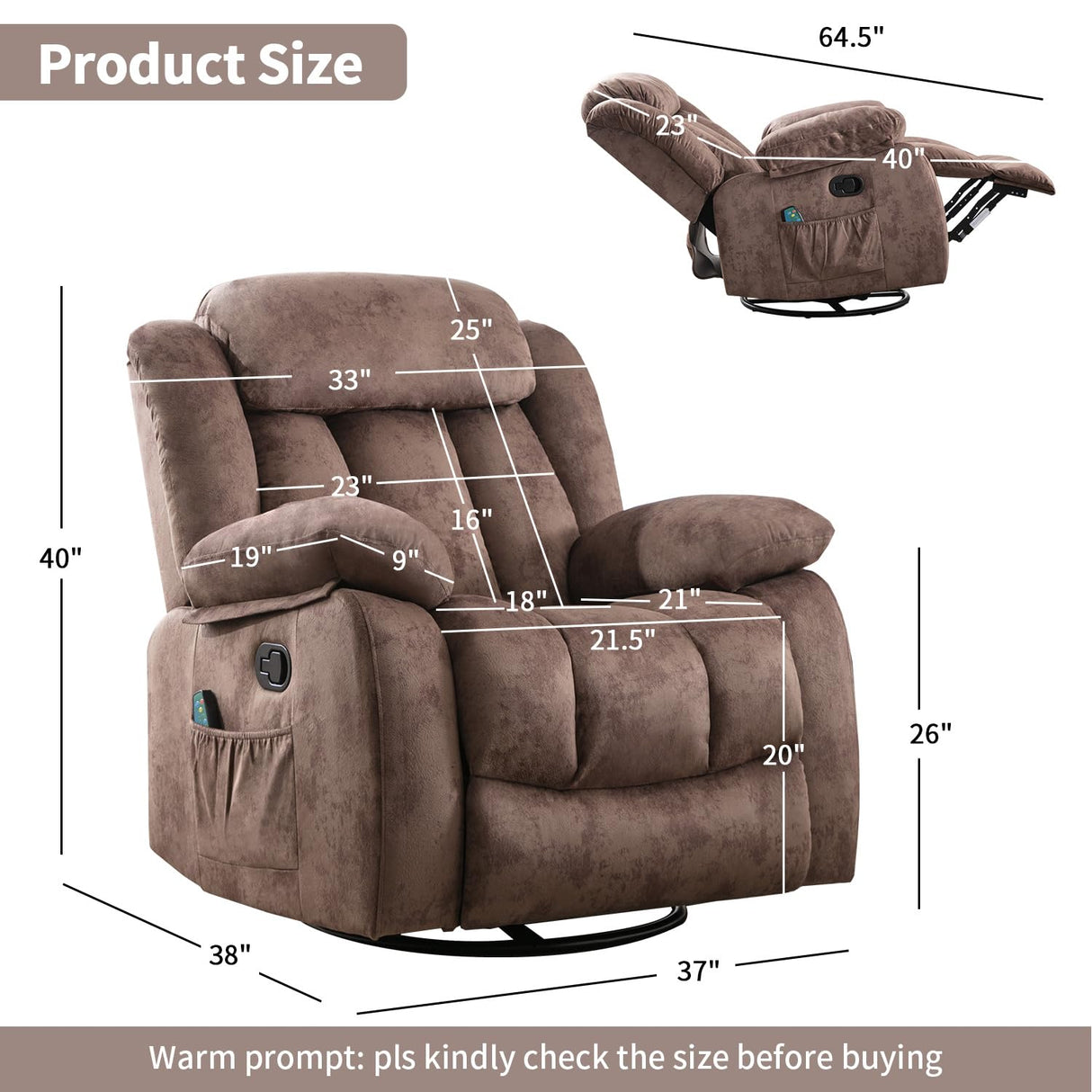 INZOY Rocker Recliner with Heat and Vibration, Manual Swivel Rocking Chair with Vibrating Massage, Comfy Padded Overstuffed Soft Fabric Heated Recliner (Brown) INZOY