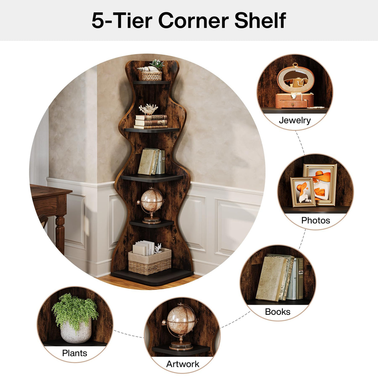 Tribesigns Rustic 5-Tier Corner Shelf – 69" Tall Wood Bookshelf & Display Stand for Small Spaces Tribesigns