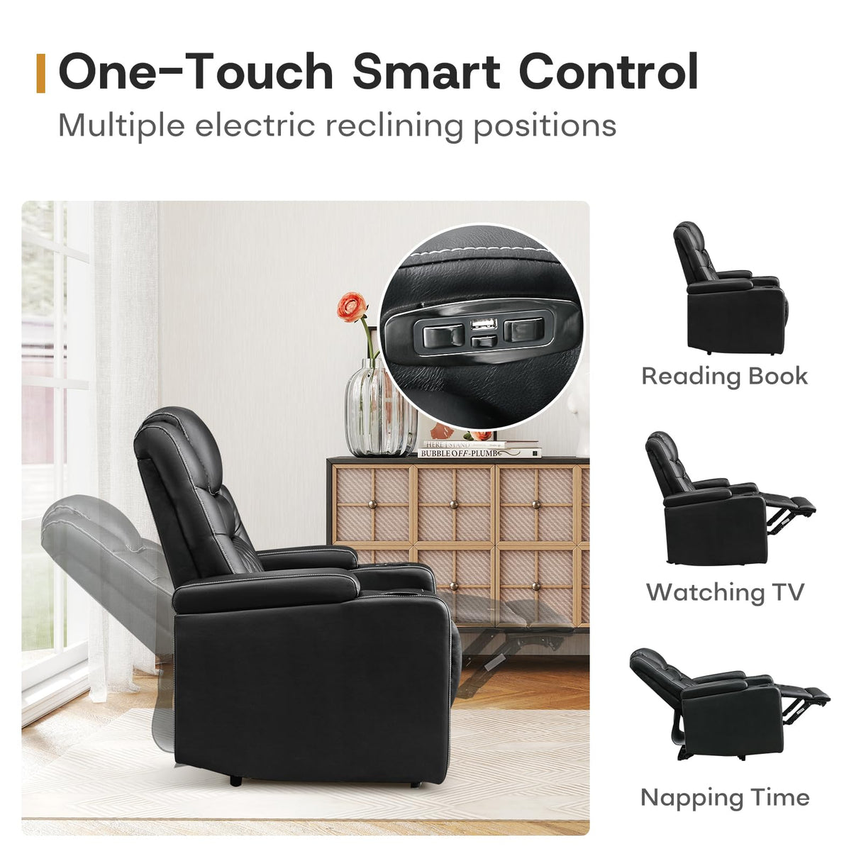 ANJ Power Recliner Chair with USB Port, Electric PU Leather Home Theater Seating for Living Room, Movie Reclining Chairs with Blue Ambient Lighting, Hidden Arm Storage, Cup Holders (Black) ANJ