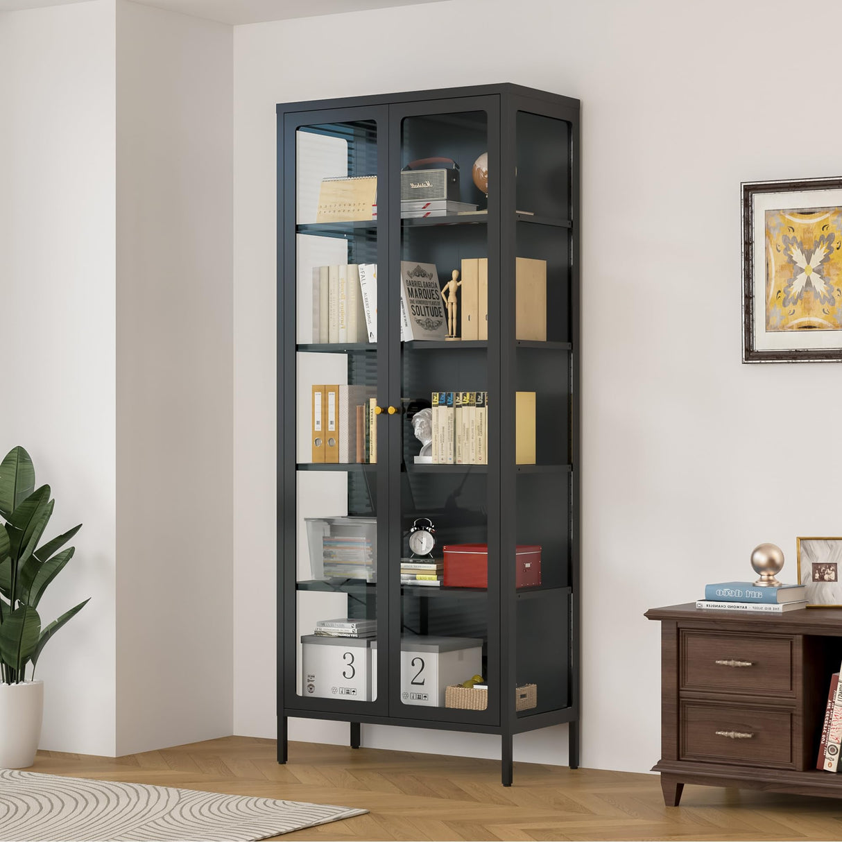 Lucky Monet 5-Tier Glass Display Cabinet with LED Lights, 67" Tall Metal Curio Cabinets with Glass Door and 4 Adjustable Shelves, Large Display Case for Collectibles Figures China Books (Black) Lucky Monet