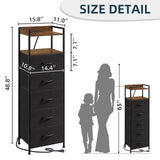 Somdot Black Nightstand with Charging Station and LED Light for Bedroom, Tall 5 Drawers Dresser with Fabric Bins for Bedside Kids Dorm Room Closet Laundry Entryway, Black Rustic Brown Somdot