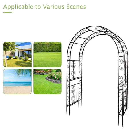 Outvita 7FT Garden Arch Arbor, Heavy Duty Metal Arbour Archway, Decorative Frame Stand Trellis with 7 Inch Ground Stakes for Wedding Ceremony Party Plant Climbing Rose Vines Lawn Courtyard Patio Black Outvita