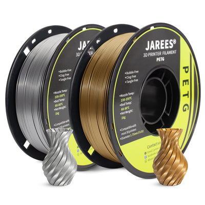 JAREES PETG Filament 1.75mm Bundle for 3D Printer, Total 2KG Metal-Like Consumable 1kg (2.2lbs) 1X2 Spool, High Speed Metallic Finish PETG, Dimensional Accuracy +/- 0.03 mm, Silver and Bronze Gold