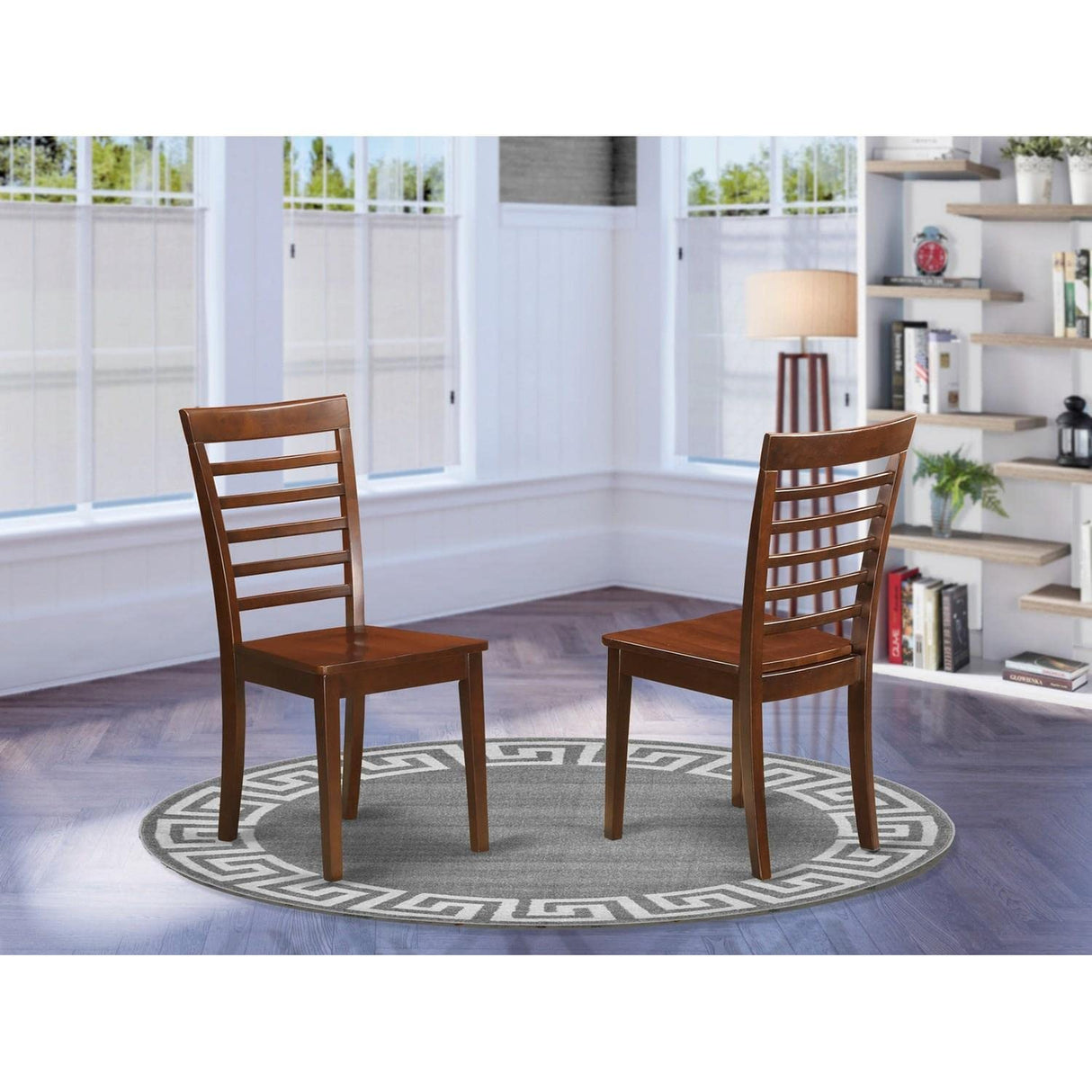 East West Furniture Milan Kitchen Dining Ladder Back Solid Wood Seat Chairs, Set of 2, Mahogany East West Furniture