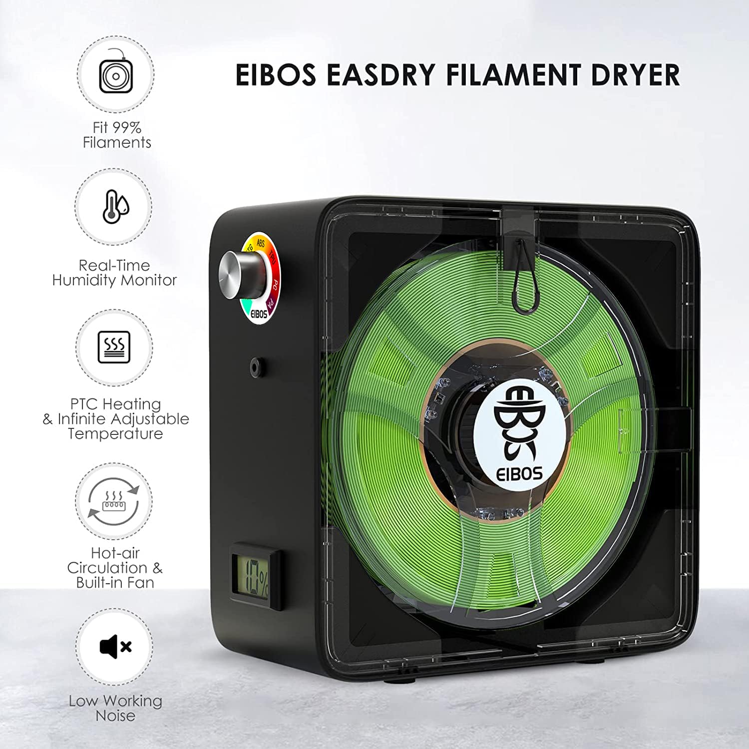 【EIBOS Official】 3D Printer Filament Dryer Easdry, 3D Printer Filament Dry Box with Fan, Adjustable Temperature, Humidity Control & Spool Holder, Compatible with 1.75mm 2.85mm 3.00mm Nylon, P - WoodArtSupply