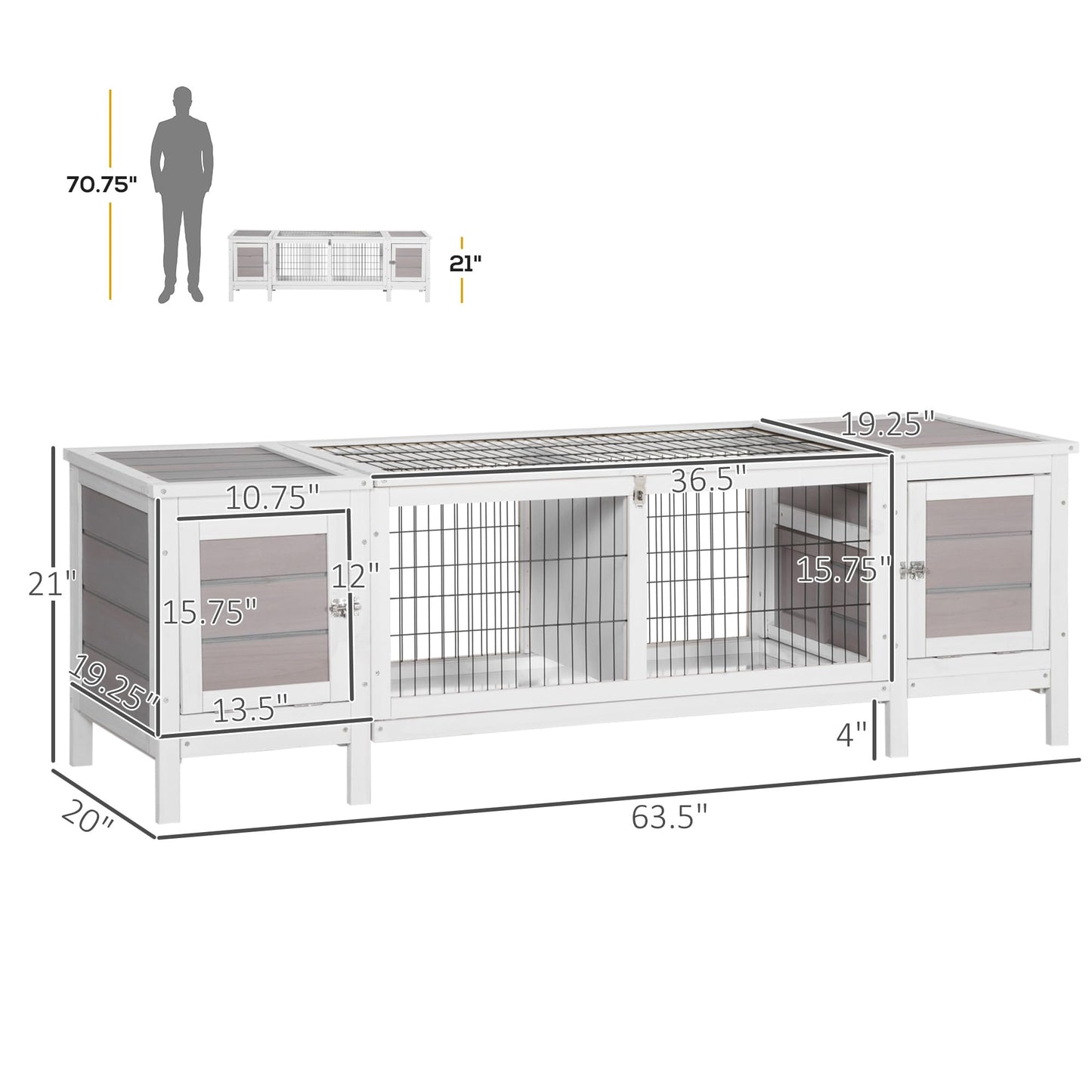 PawHut Rabbit Hutch, Bunny Cage, Guinea Pig House with Pull-Out Tray, and Divided Board for Indoor, White