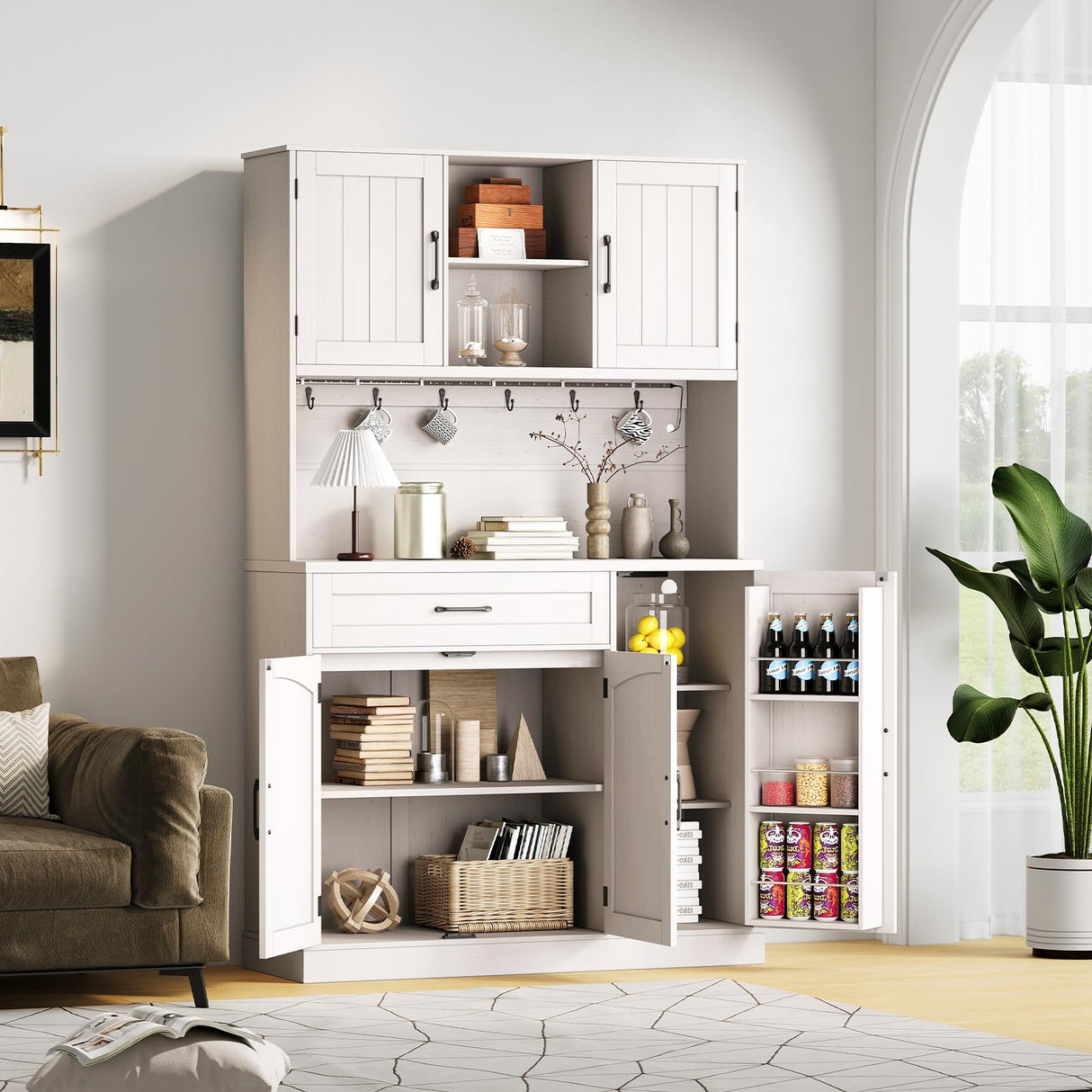 ONBRILL 71" Pantry Cabinet, Kitchen Pantry Storage Cabinet with LED Light & Outlet, Kitchen Hutch with Microwave Shelf & 6 Hooks, Door Shelves & Drawer & Adjustable Shelves, for Kitchen, Dining Room ONBRILL