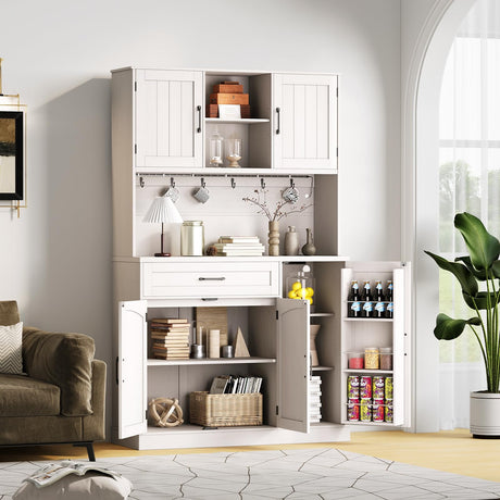 ONBRILL 71" Pantry Cabinet, Kitchen Pantry Storage Cabinet with LED Light & Outlet, Kitchen Hutch with Microwave Shelf & 6 Hooks, Door Shelves & Drawer & Adjustable Shelves, for Kitchen, Dining Room ONBRILL