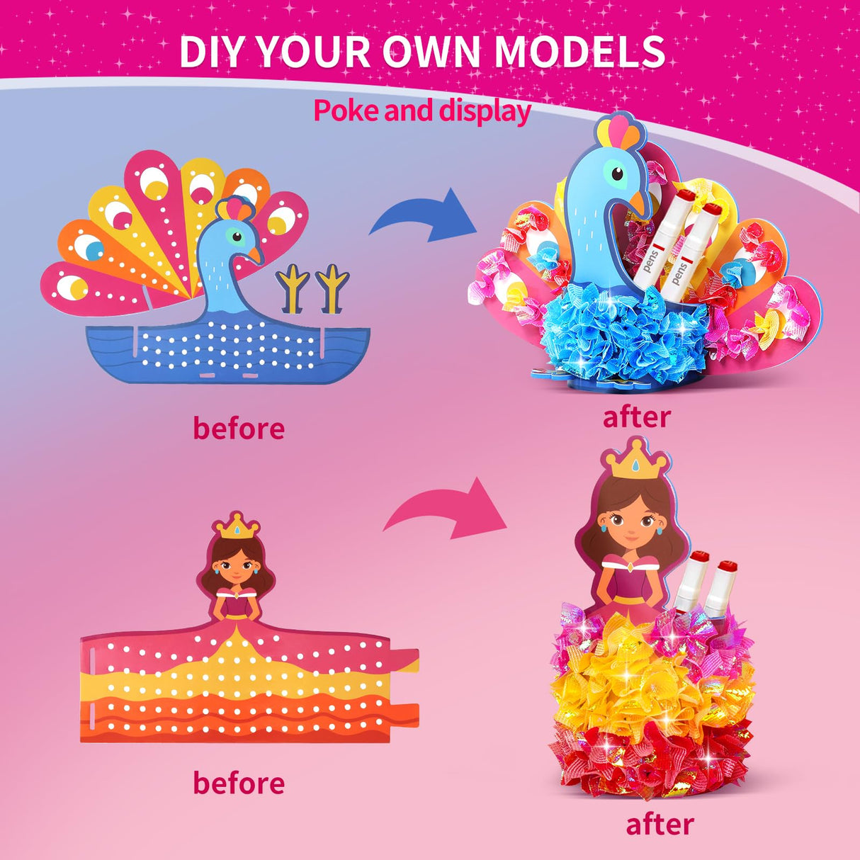 HENUIE DIY Poke Kits Art Craft Activity for Girls Ages 4-8, Mess-Free Fun Princess Set Dress-up, Creative Activity Birthday Gifts for Kids Ages 4 5 6 7 8+ HENUIE