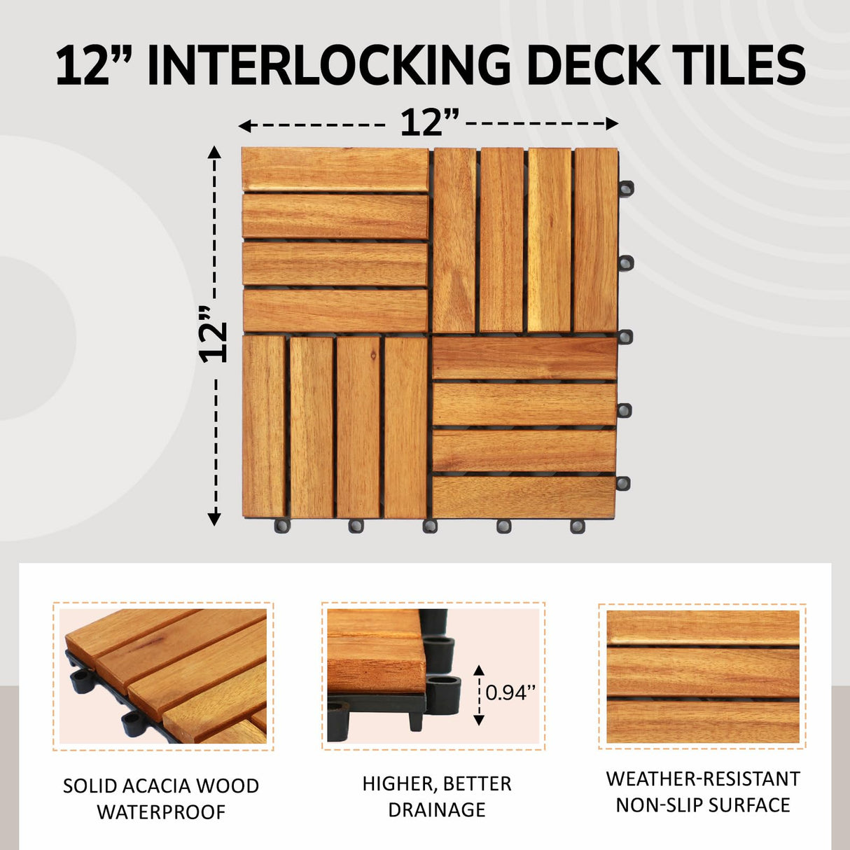 CLOVERHOLM Interlocking Deck Tiles-10PCS Waterproof Acacia Wood Patio Tiles, Easy Snap Flooring Tiles for Indoor and Outdoor,Balcony, Entry, Poolside Tiles, 12”x12”, 10sq.ft per Box, Natural CLOVERHOLM