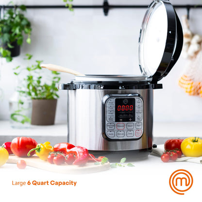 MasterChef Electric Pressure Cooker 10 in 1 Instapot Multicooker 6 Qt, Slow Cooker, Vegetable Steamer, Rice Maker, Digital Programmable Insta Pot with 18 Cooking Presets, Stainless Steel, Non Stick