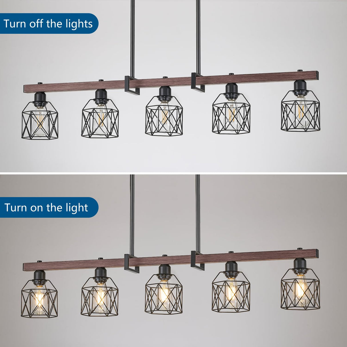 Ruibutrade 5-Light Modern Farmhouse Island Lighting, Adjustable Height Rustic Chandelier with Walnut Metal Frame & Matte Black Geometric Shade, E26 Base Hanging Light for Dining Room Over Table Ruibutrade