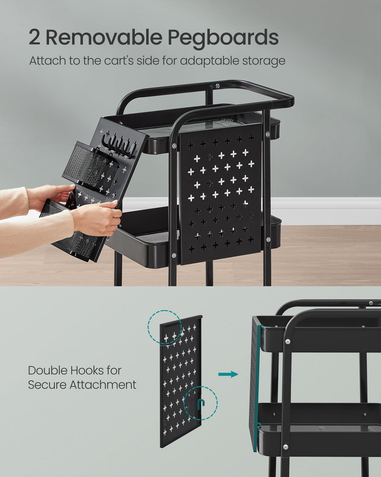 SONGMICS 3-Tier Storage Cart, Rolling Utility Cart, Metal Mesh Shelves, 2 Removable Pegboards, 2 Hanging Holders, 4 Hooks, Craft Cart for Living Room, Kitchen, Office, Bathroom, Ink Black ULRC037B01 SONGMICS